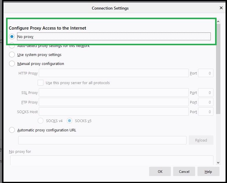 Connection settings in Firefox